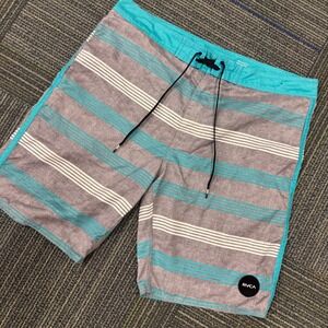RVCA Board Shorts Mens 36 Grey Teal Striped Classic Non-Stretch Swim Trunks EUC
